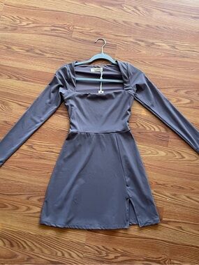Long-Sleeve Square Neck Mini Dress in Taupe